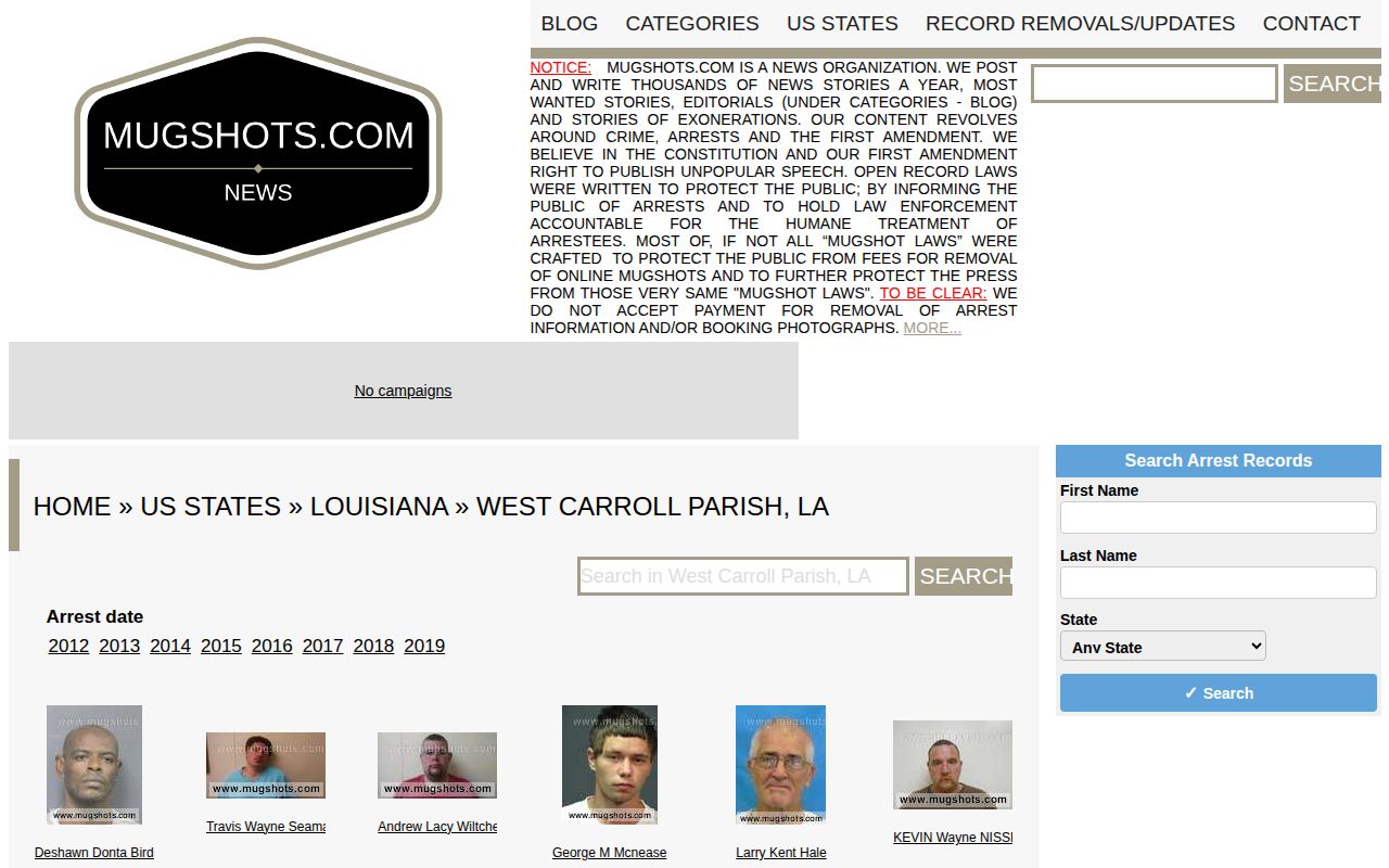 Mugshots.com West Carroll Parish index captured for source comparison